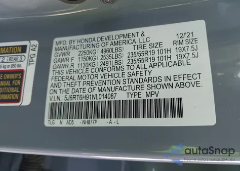 2022 Honda Cr-V Hybrid Touring from USA, damaged, VIN 5J6RT6H91NL014087